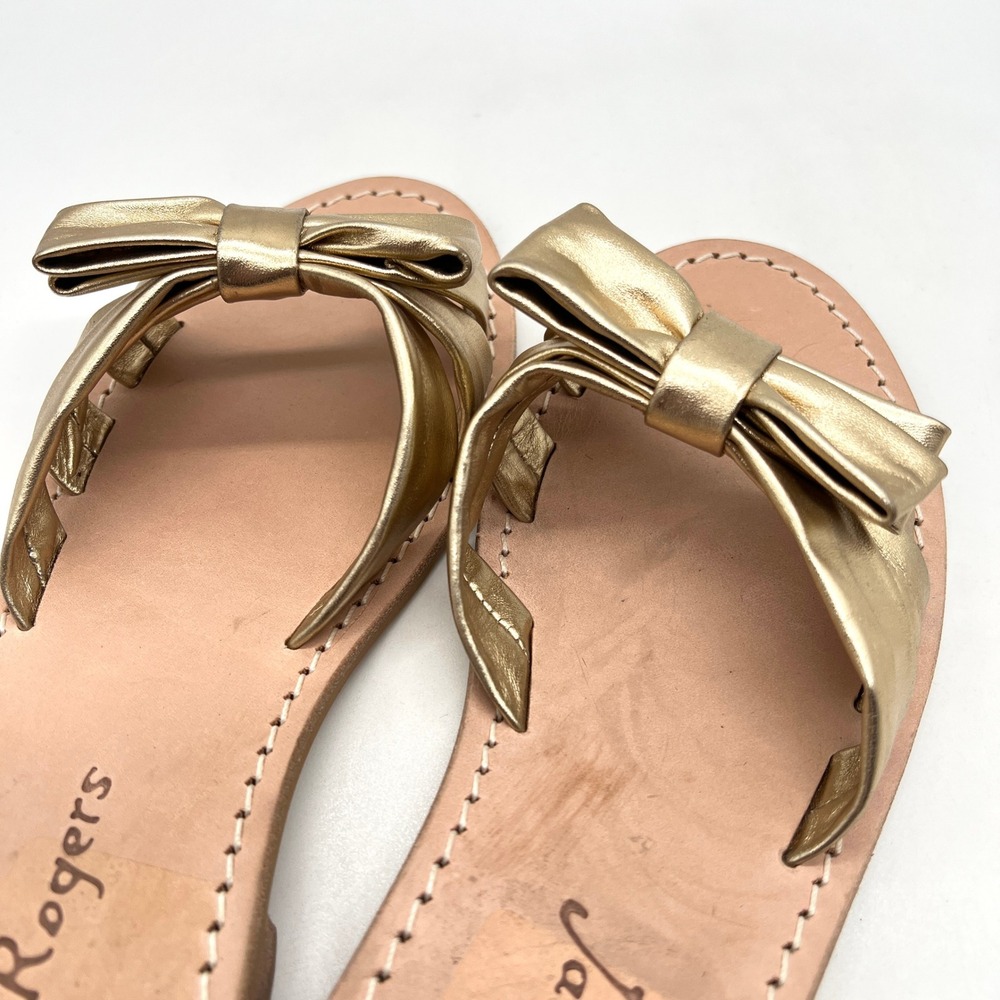 JACK ROGERS Brightly Bow Sandal Womens 8.5 Gold Nappa Leather Slip On Slide Flat - Picture 11 of 13